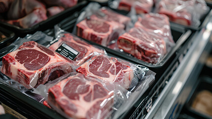 Pieces of fresh raw lamb packed in plastic trays wrapped in film with labels offered for sale