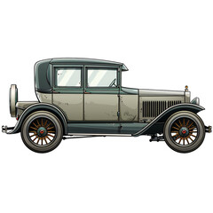 Antique beige car with dark brown roof and wood spoke wheels. Classic automobile illustration isolated transparent background. Vintage transport and luxury concept. Design for print, poster, banner