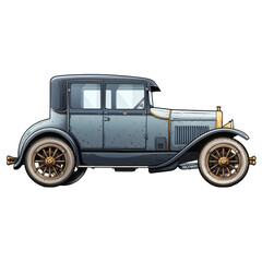 Classic charcoal-gray car with brass accents. Vintage vehicle illustration isolated on transparent background PNG. Early automotive design and nostalgia concept. Design for print, poster, banner