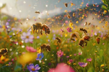 Bees in the Midst of Pollination - obrazy, fototapety, plakaty