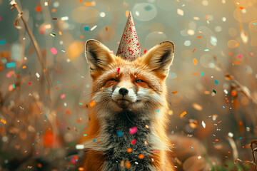Fox caught in a moment of surprise surrounded by confetti and party hats a blend of cunning and celebration - obrazy, fototapety, plakaty