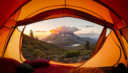 POV from camping tent, sunset, mountains in the clouds
