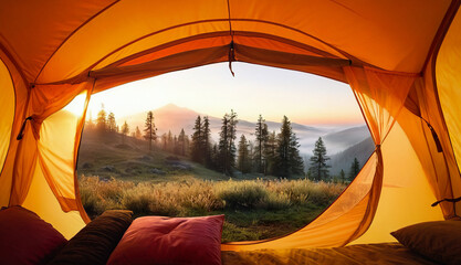 POV of a camping tent on a coniferous forest and mountains in the fog - obrazy, fototapety, plakaty