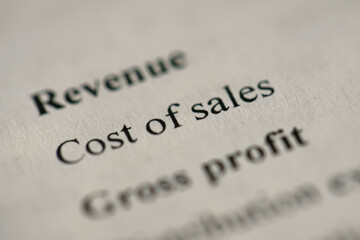 Cost of sales in business finance and income statement, accounting, statistics concept