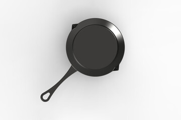 pot with a handle made of black metal on a white background. close-up. cooking device. 3d image. 3d rendering. Horizontal image.