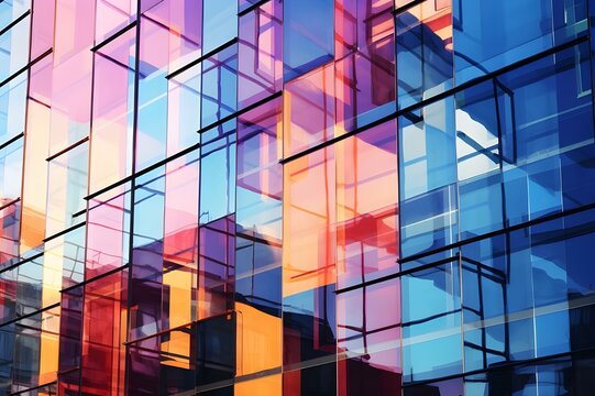 Abstract Glass Facade: A modern building's glass facade reflecting abstract patterns and colors.

