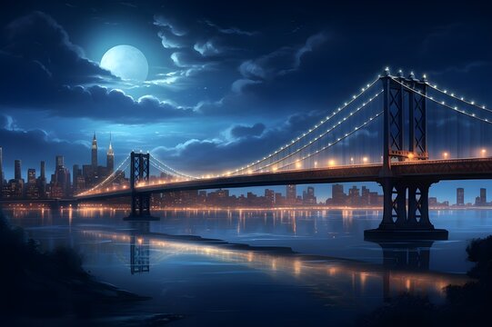 Moonlit City Bridge: A stunning cityscape with a bridge illuminated by the soft glow of the moon.

