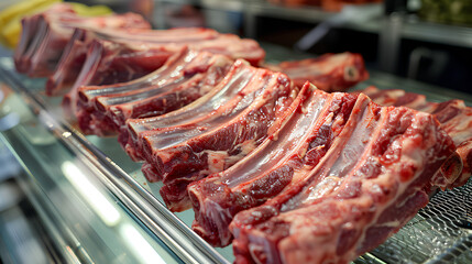 Slabs of raw pork ribs arranged in refrigerated butchery shop display case, Fresh meat products