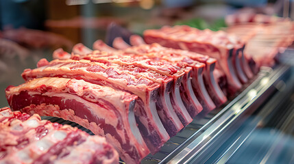 Slabs of raw pork ribs arranged in refrigerated butchery shop display case, Fresh meat products - obrazy, fototapety, plakaty