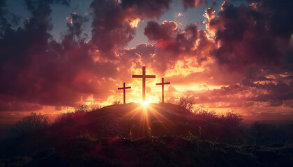 Recreation of three cross in a hill at sunset, Jesus Christ crucifixion - obrazy, fototapety, plakaty