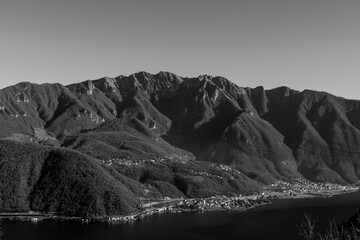 Panoramic View over Lake Lugano and Village with Mountain Generoso in a Sunny Day in Vico Morcote, Ticino in Switzerland.