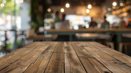 Empty wooden table in a coffee shop. A barista is working in the background. For advertising various products - obrazy, fototapety, plakaty