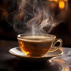 A close-up of a cup of steaming tea. 