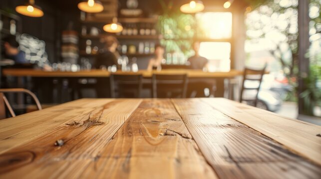 Empty wooden table in a coffee shop. A barista is working in the background. For advertising various products