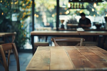 Empty wooden table in a coffee shop. A barista is working in the background. For advertising various products - obrazy, fototapety, plakaty
