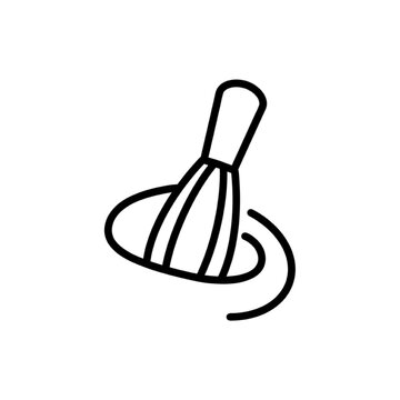 Line icon of whisk for mixing eggs, dough, sauce and other ingredients for cooking. Kitchen utensils outline label. Graphic pictograph on a gray background. Vector illustration