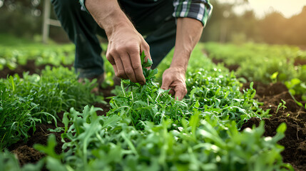 Male gardener harvests green arugula on farm plantation