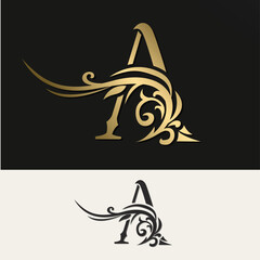 Elegant Letter A. Art Logo Design. Refined lines. Vintage Template. Creative  Emblem for Business Card, Badge, Label, Boutique Brand, Hotel, Restaurant, Heraldic. Gold monogram. Vector Illustration