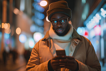 attractive beautiful young black or arab man using and texting on his smart phone mobile - Powered by Adobe
