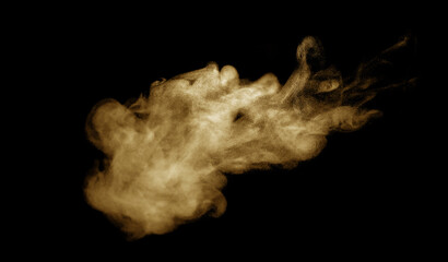 Brown-black dust powder explosion. The texture is an abstract concept. and splashes float. on a black background
