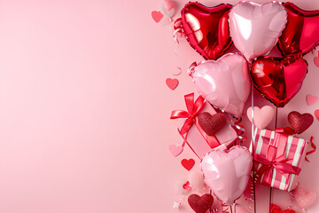 Valentine's day background with red and pink hearts like balloons and gifts on pink background