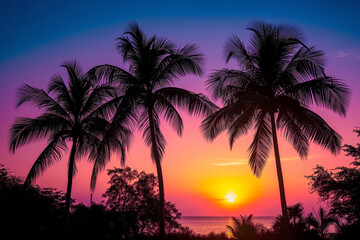 Obraz premium A sunset over the ocean with palm trees in the background. The sky is a mix of pink and purple hues, creating a serene and peaceful atmosphere