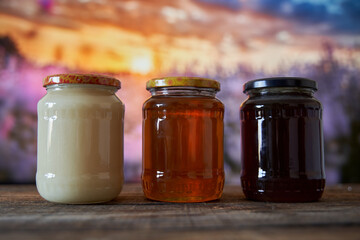 Various honey types in jars