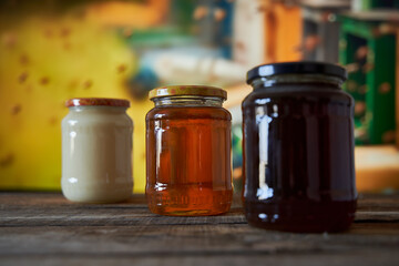 Various honey types in jars