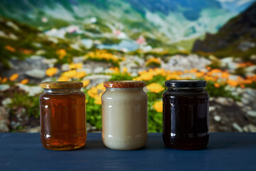 Various honey types in jars