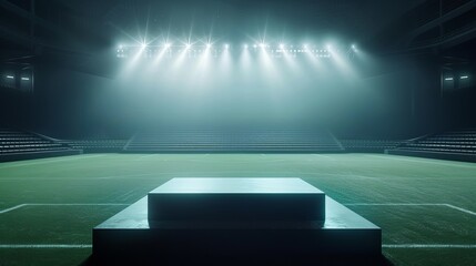 podium in the middle of the stadium, with lights flashing and rows of vacant seats surrounding it. The podium is easy to use and ideal for showcasing your goods.