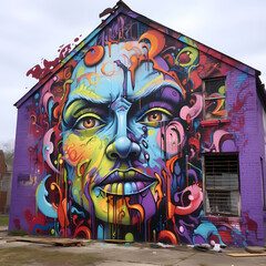 A colorful graffiti mural on an abandoned building