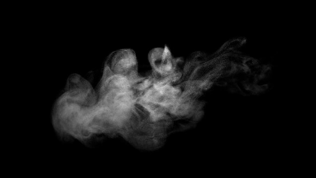 Collection of close-up shots of abstract white steam or smoke. White cloudiness from moisture spray Isolated on a black background.