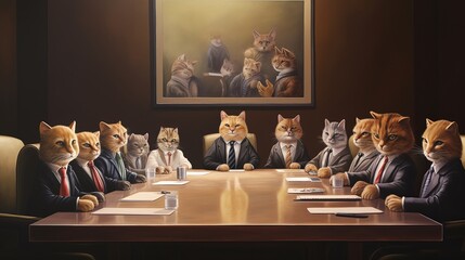 A prestigious painting featuring stuffed animal kittens dressed in business suits, engaged in a meeting room, conducting very important business.
