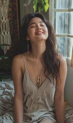 Naklejka premium full body shot, shapely young Singaporean woman, junoesque, modelling for a loungewear company, resting in her room looking up, fun expression