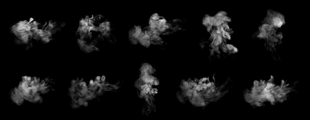 Collection of close-up shots of abstract white steam or smoke. White cloudiness from moisture spray...