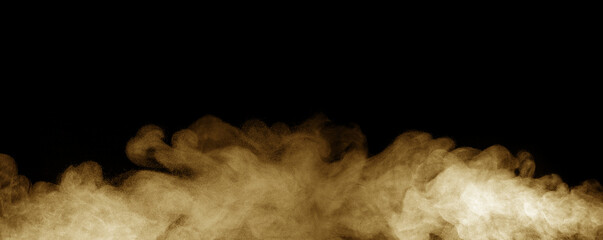 Brown-black dust powder explosion. The texture is an abstract concept. and splashes float. on a black background
