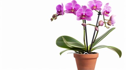 on a white background, a purple tiger orchid in a flowerpot