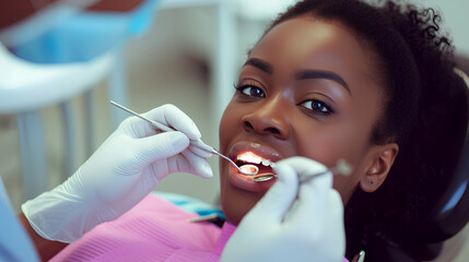 Black woman during teeth check-up at dental clinic