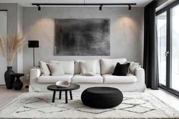 Modern living room interior with white sofa and black coffee table.