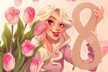 Obraz na płótnie Canvas illustration for March 8 - a blonde girl holds the number eight in her hands on a background of tulips, pink background