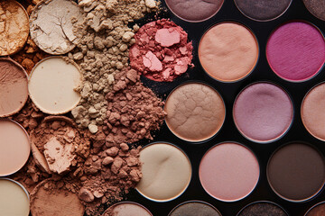 A collection of makeup palettes with a variety of colors and textures. Concept of creativity and self-expression, as makeup is often used to enhance one's appearance and showcase individuality