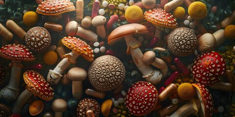 Using micro dosing supplement with psilocybin mushrooms and herbal pills for medical purposes,
