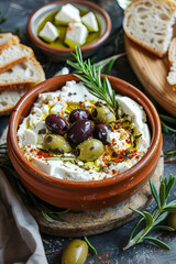Feta cheese with olives and bread