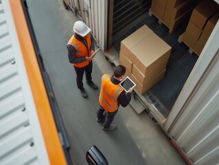 Logistics workers in high-visibility vests oversee cargo loading, using a digital tablet for inventory management at a warehouse.