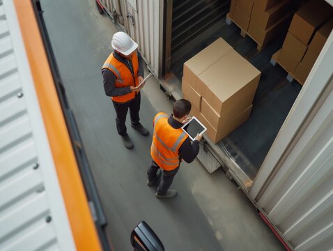 Fototapeta Logistics workers in high-visibility vests oversee cargo loading, using a digital tablet for inventory management at a warehouse.