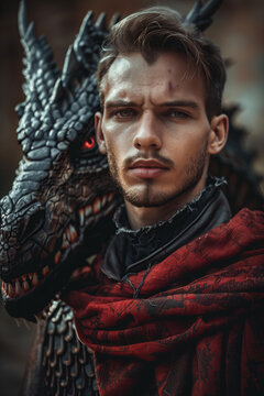 
medieval young man in fantasy style and dragon