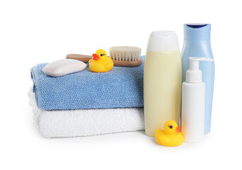 Obraz na płótnie Canvas Baby cosmetic products, bath ducks, brush and towels isolated on white
