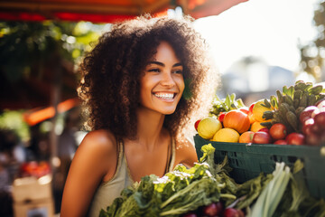 Beautiful young afro American woman with vegetables and fruits in the  farmers market