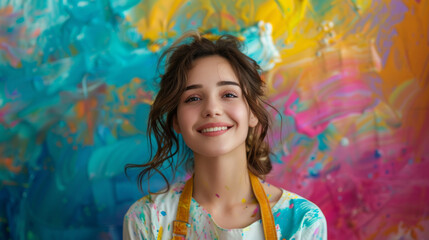 Fototapeta premium an artist girl smiling at the camera in an apron