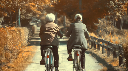Two grandmothers riding bicycles - obrazy, fototapety, plakaty